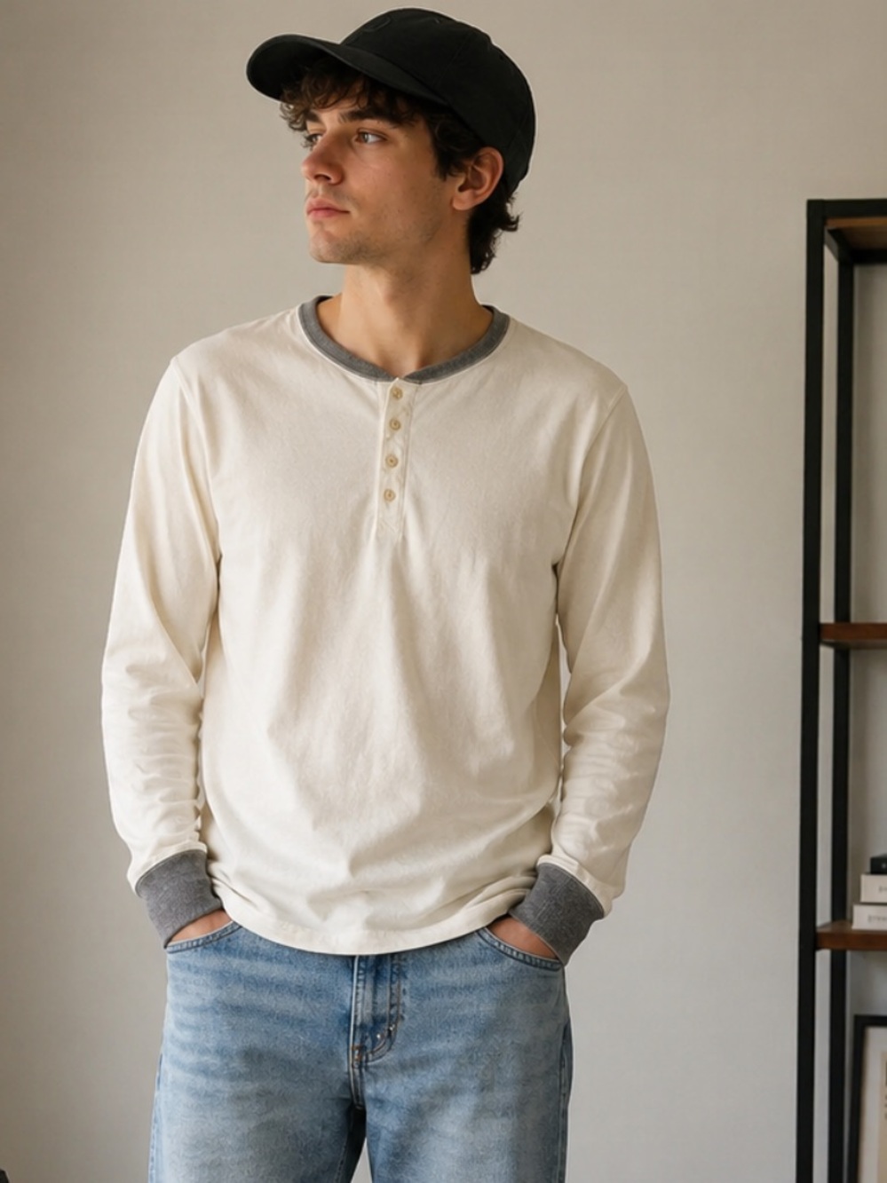 Men's CIVILIANAIRE - Ivory Long Sleeve  banded Henley Shirt. XS